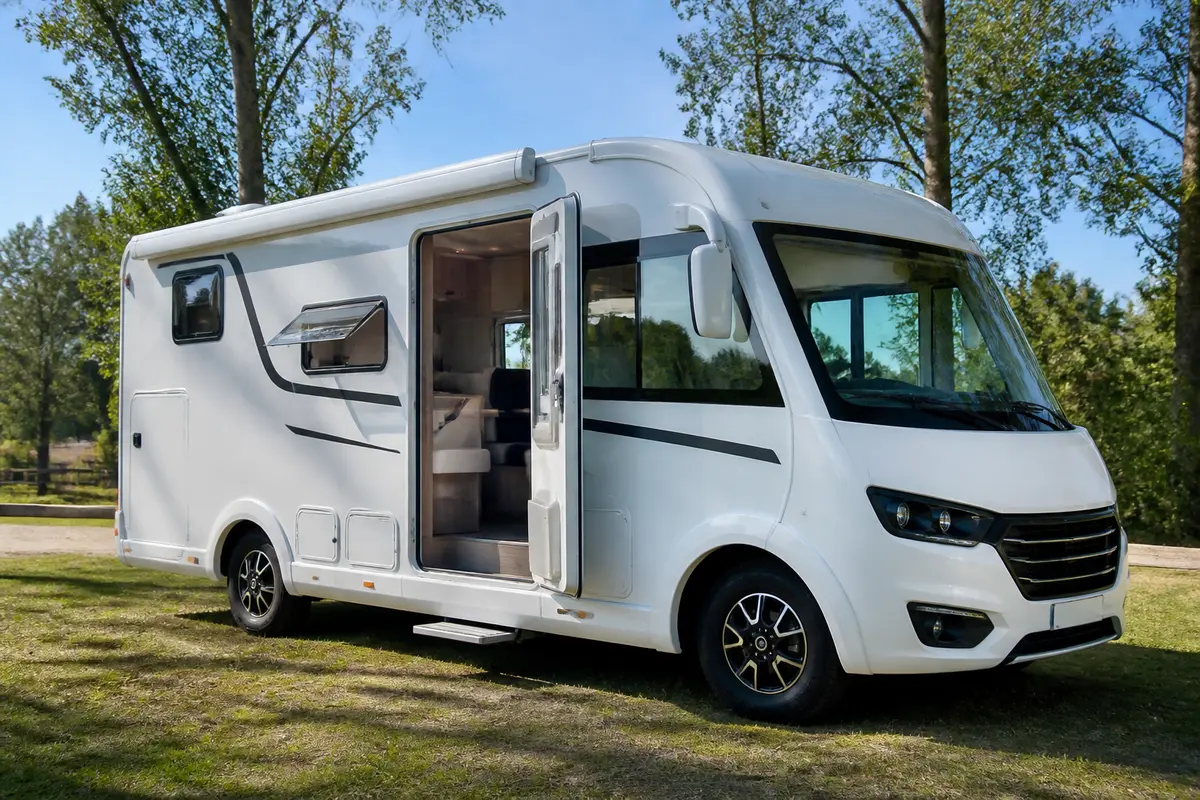 Camping-car blanc stationné sur l'herbe, porte latérale ouverte, arbres en arrière-plan par temps clair.