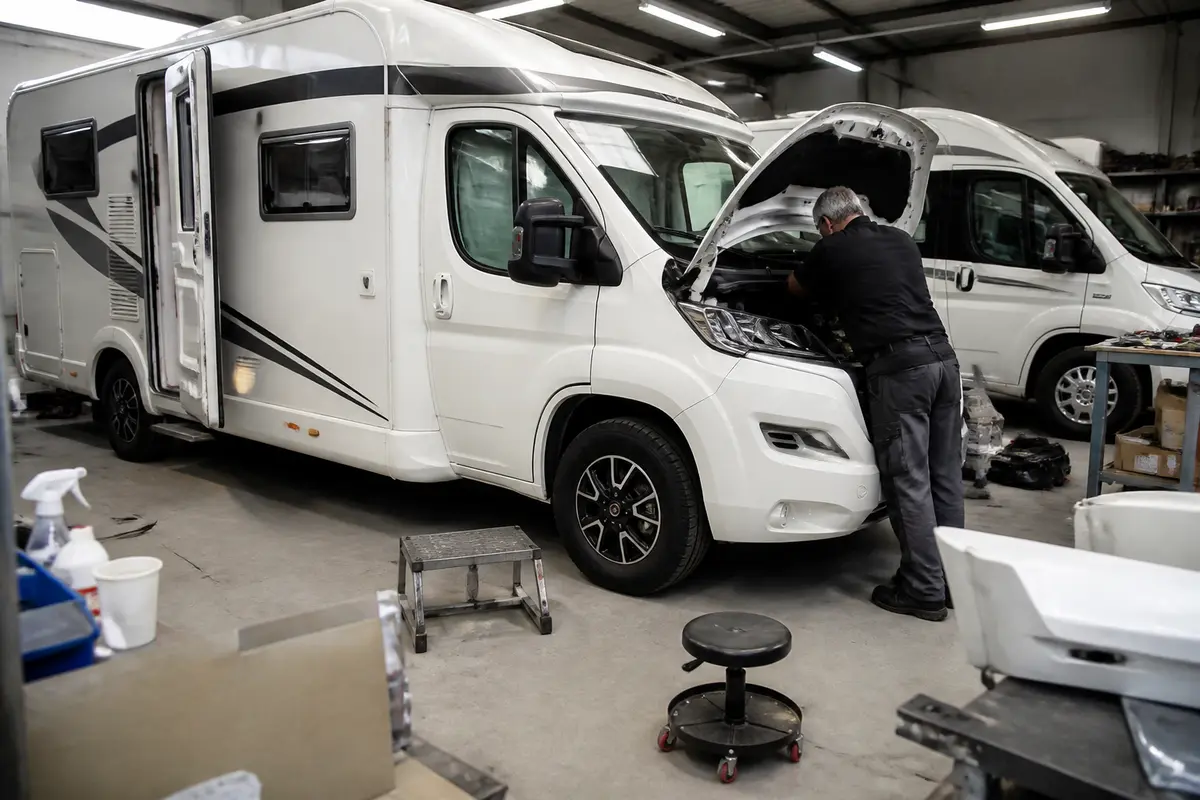 Un homme répare un camping-car blanc dans un atelier mécanique bien éclairé.