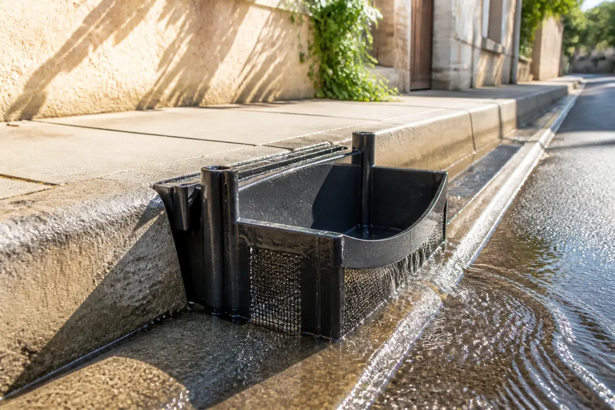 Dispositif de drainage urbain avec piège à eau capturant les débris dans la ruelle.