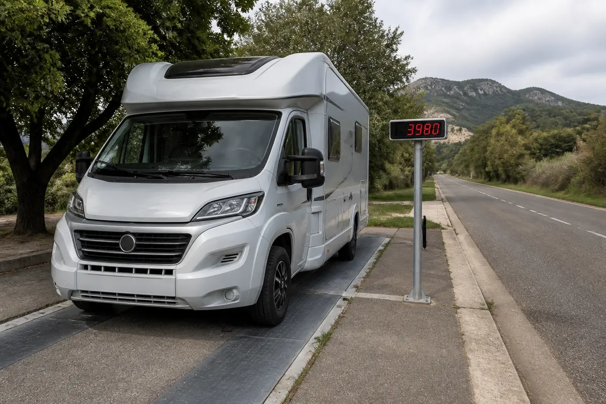 Camping-car blanc sur balance routière, affichant 3980 kg, route bordée d'arbres et montagnes en arrière-plan.