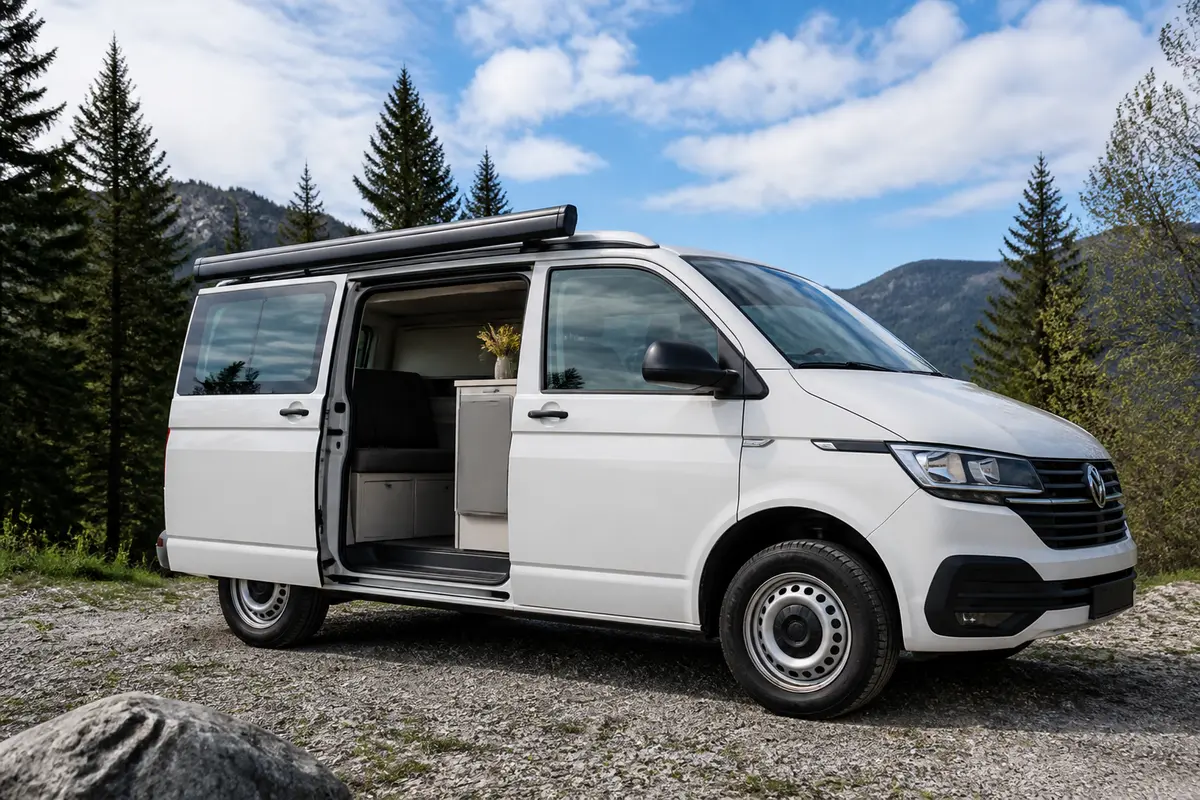 Van aménagé en plein air avec porte ouverte par Reimo France pour le camping nature