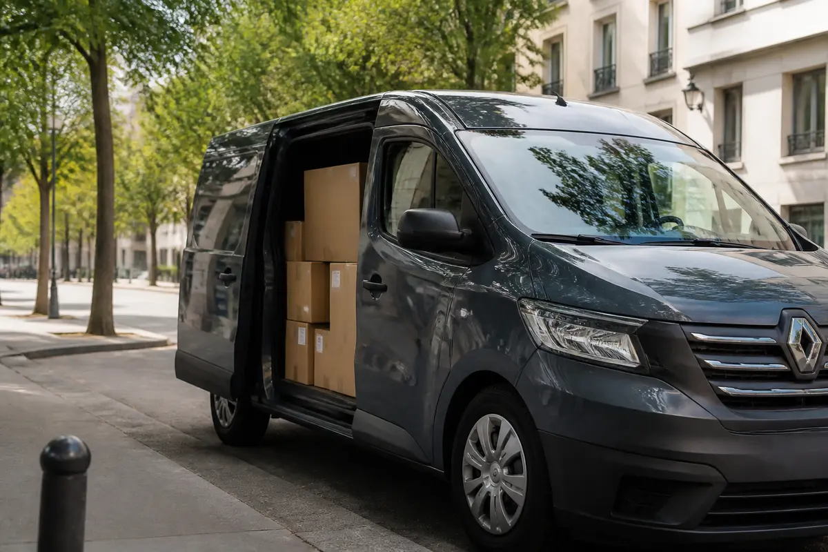 Fourgon Renault gris rempli de cartons, garé dans une rue bordée d'arbres, porte latérale ouverte.