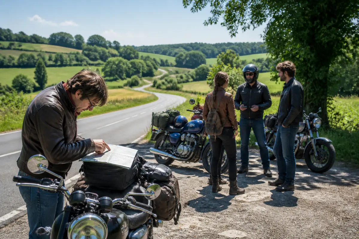 Quatre motards en tenue décontractée consultent une carte près de leurs motos, route de campagne.