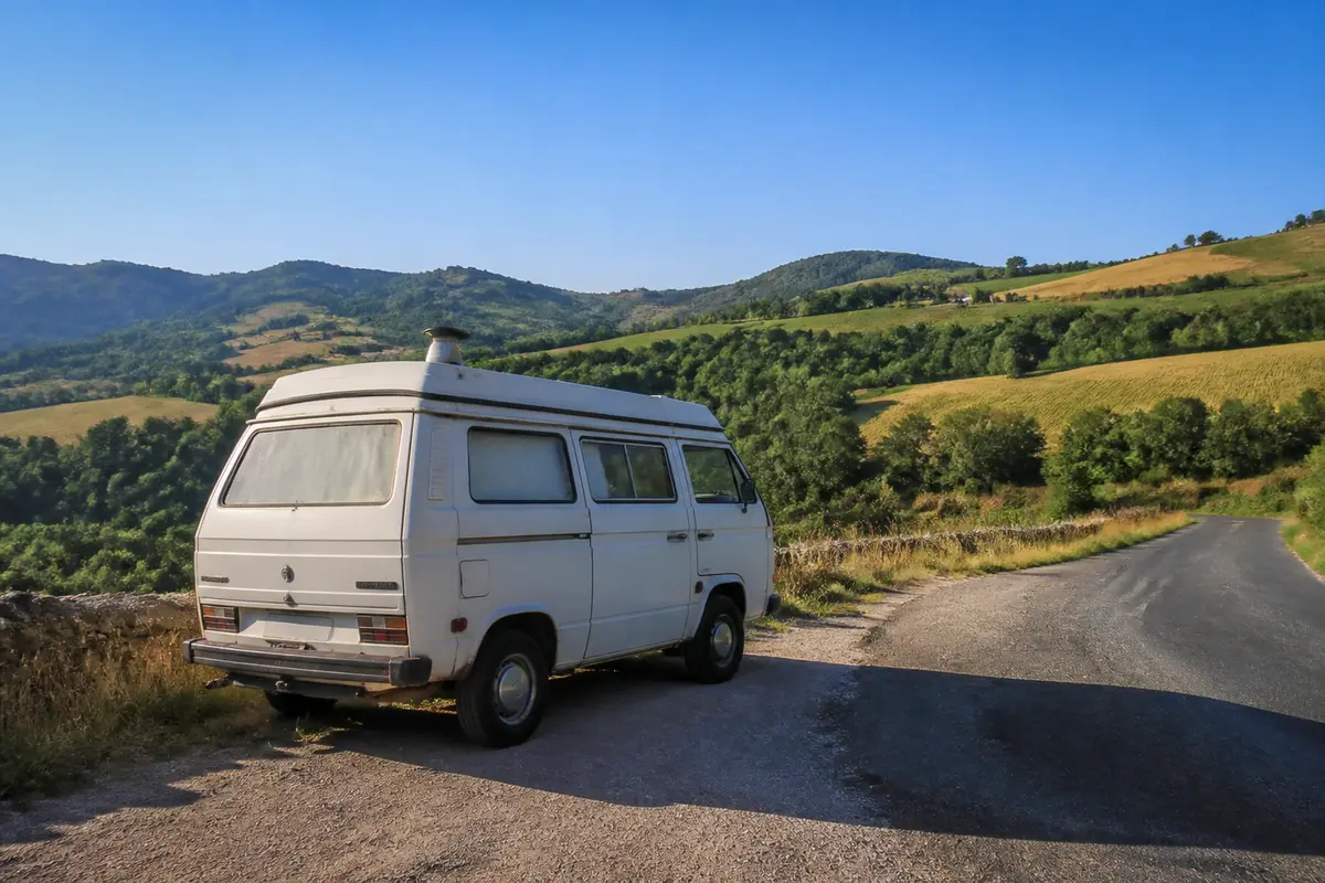 Camping-car blanc sur route rurale, paysages vallonnés en arrière-plan sous ciel bleu ensoleillé.