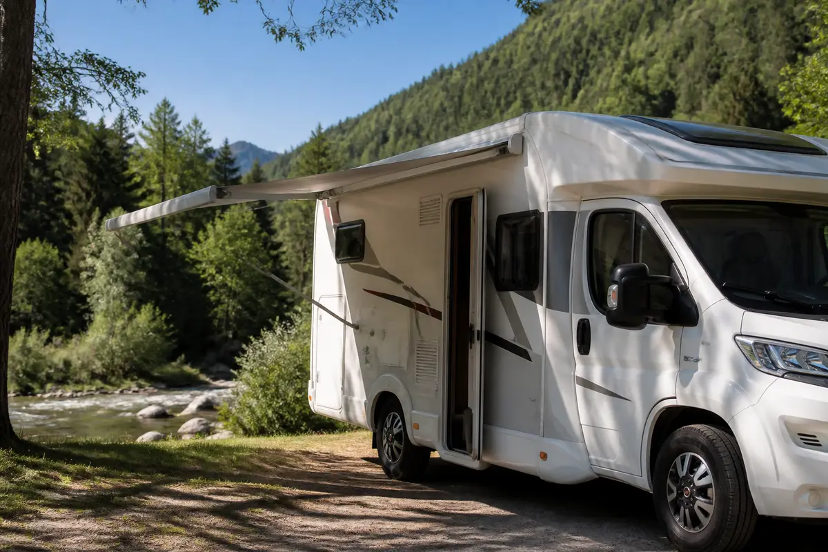 Camping-car garé près d'une rivière dans un paysage montagnard, sous un auvent déplié, environnement boisé.