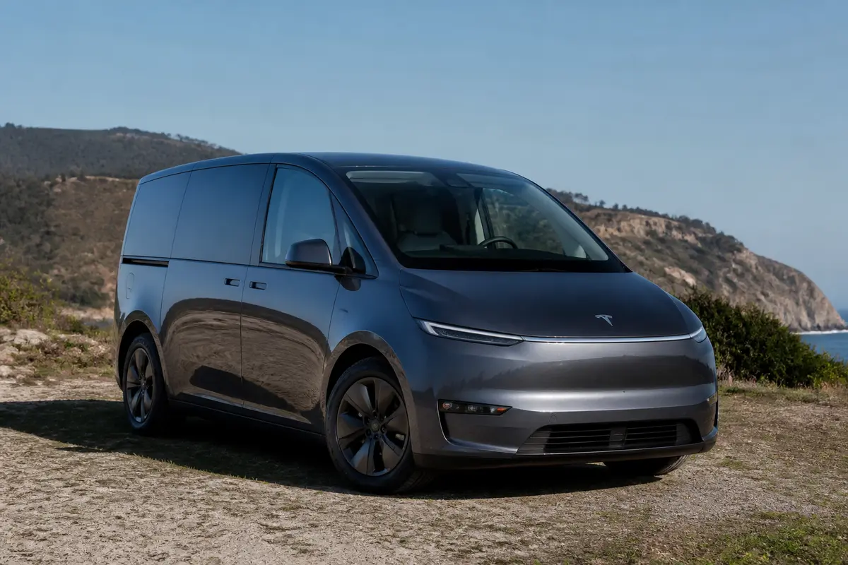 Minivan électrique gris sur chemin côtier, falaises en arrière-plan, ciel bleu dégagé, design moderne et épuré.
