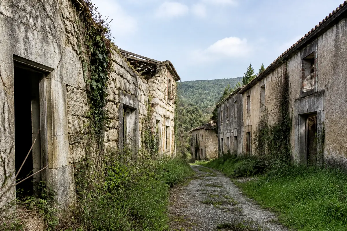 Rue avec maisons anciennes abandonnées, envahies par la végétation, entourée de collines verdoyantes sous ciel dégagé.