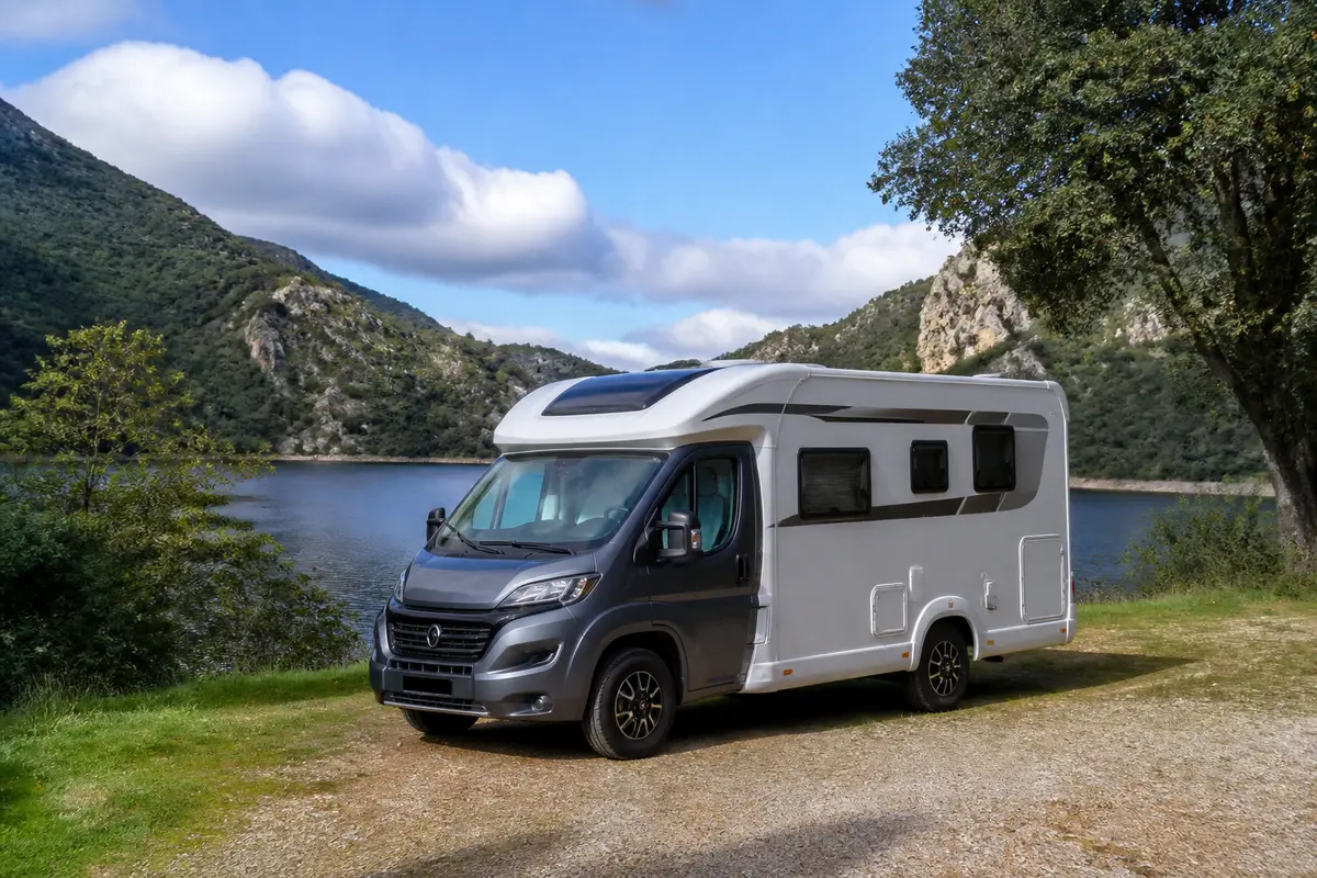 Camping-car garé près d'un lac entouré de montagnes verdoyantes sous un ciel bleu avec nuages.